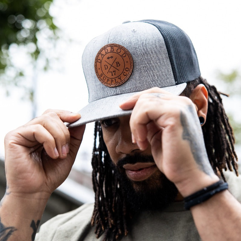 Heather Grey/Black Leather Logo Trucker1