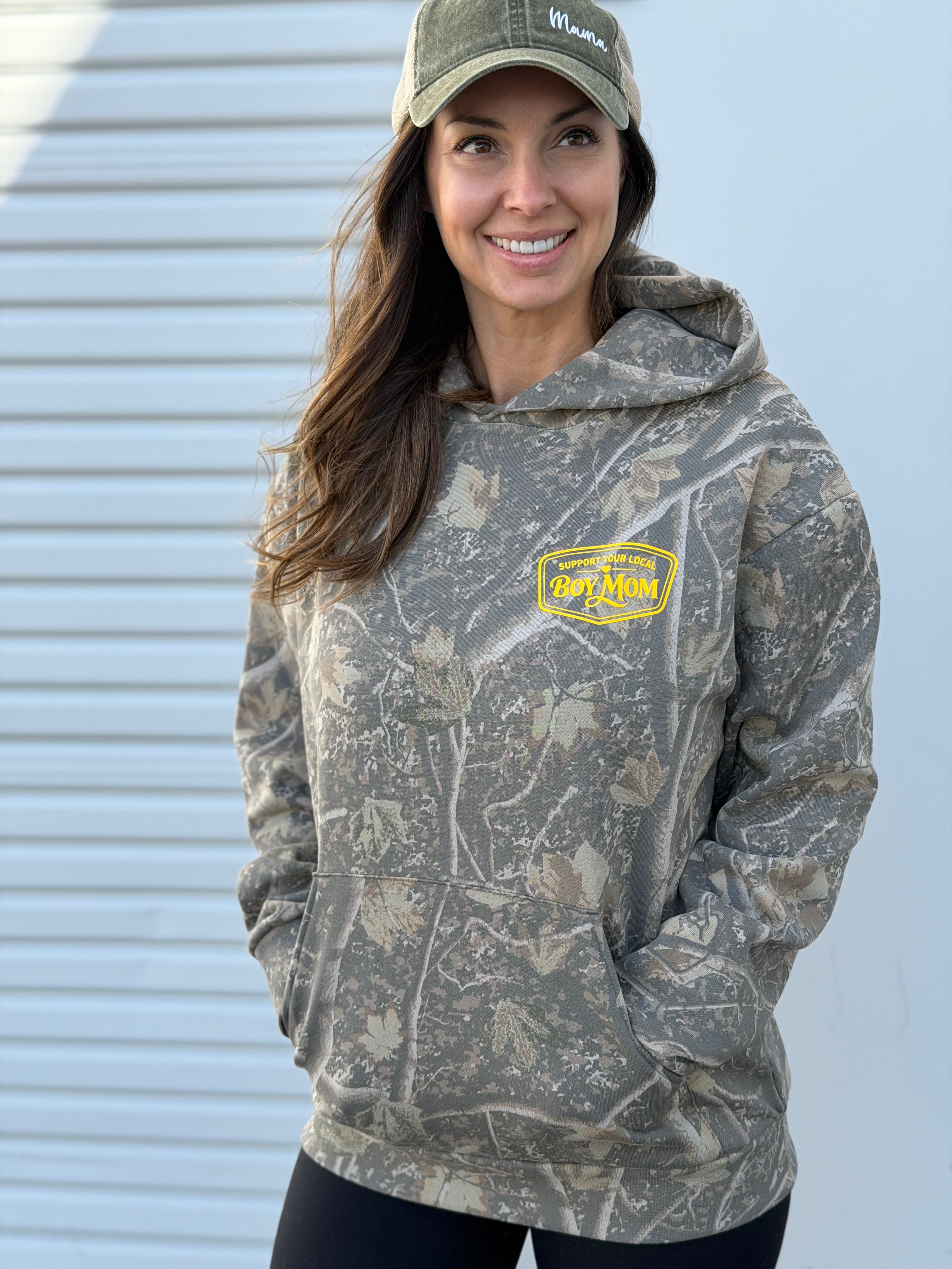 Support Your Local BOY Mom Tree Camo Hoodie