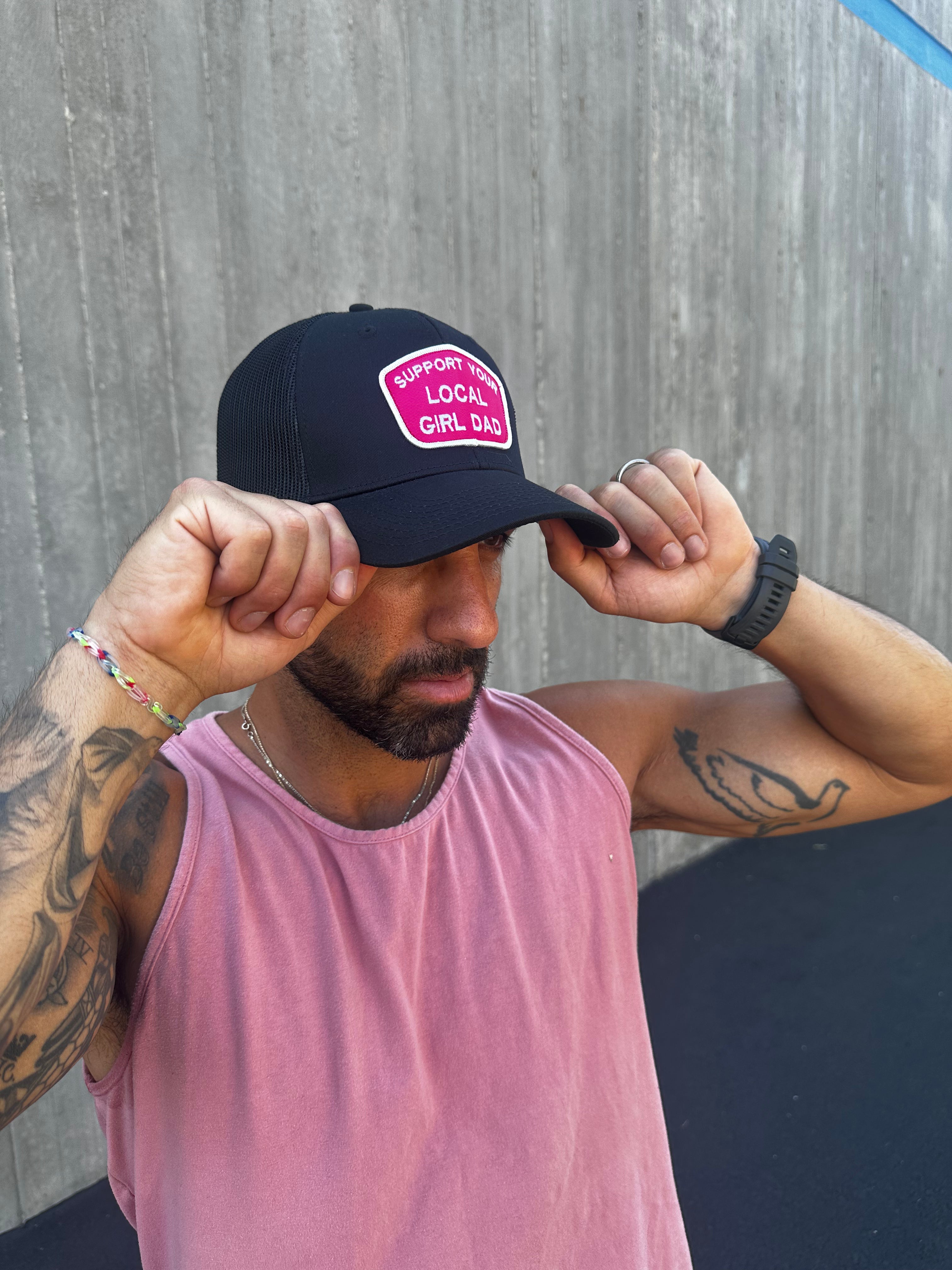 Support Your Local Girl Dad CURVED Bill Patch Hat (Solid Black/Pink Patch)