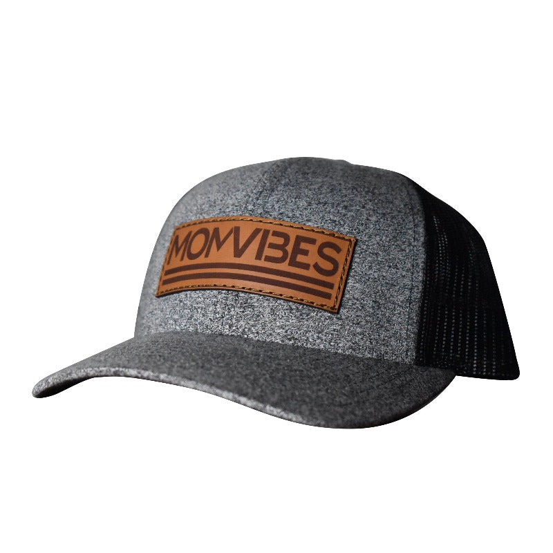 MomVibes - Curved Bill Trucker Snapback (Speckled Black/Black Mesh)