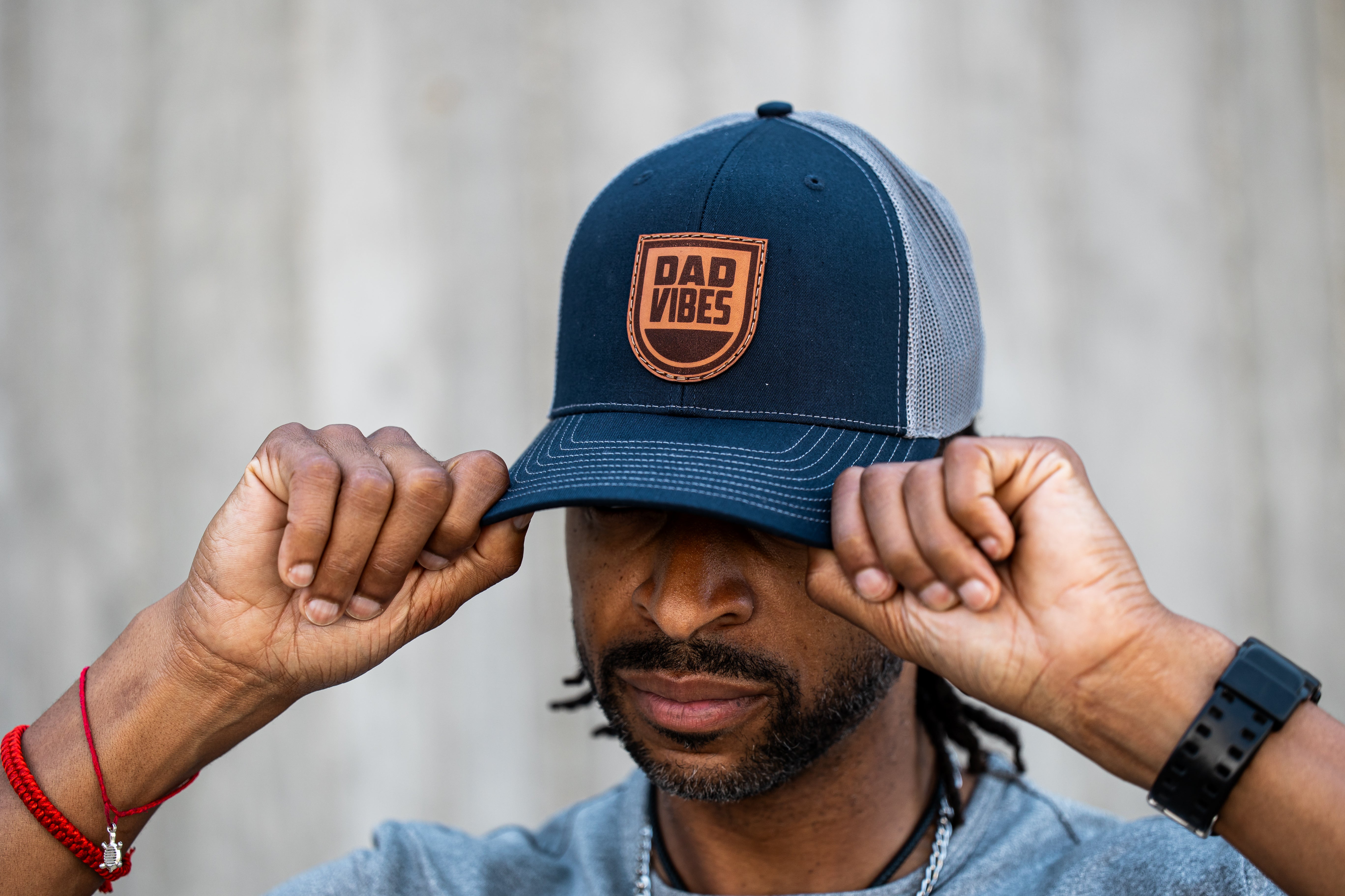 DadVibes Shield Leather Patch Hat (Navy/Grey)