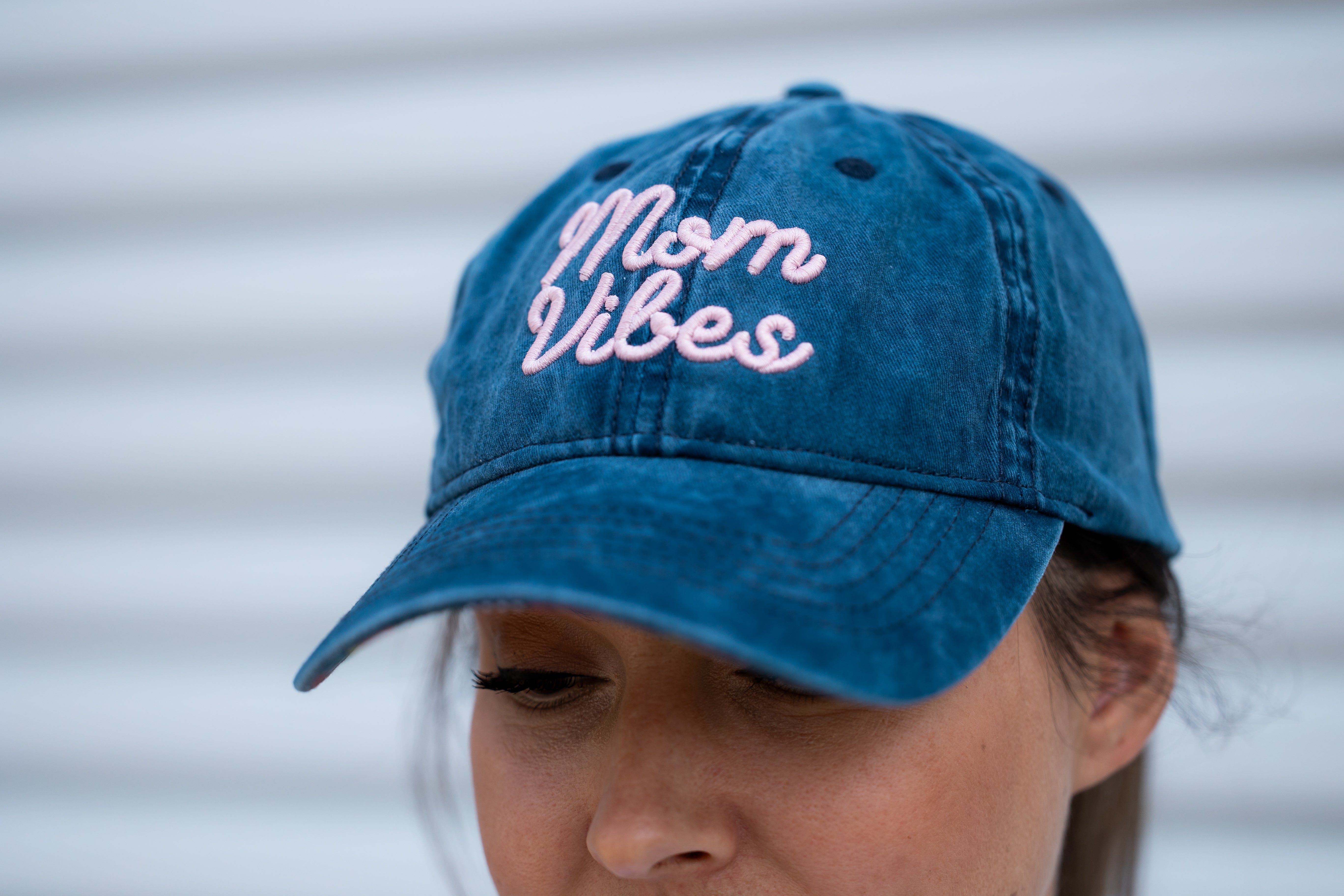 MomVibes 3-D Puff Blue Denim Striped Pony Tail Mama Hat
