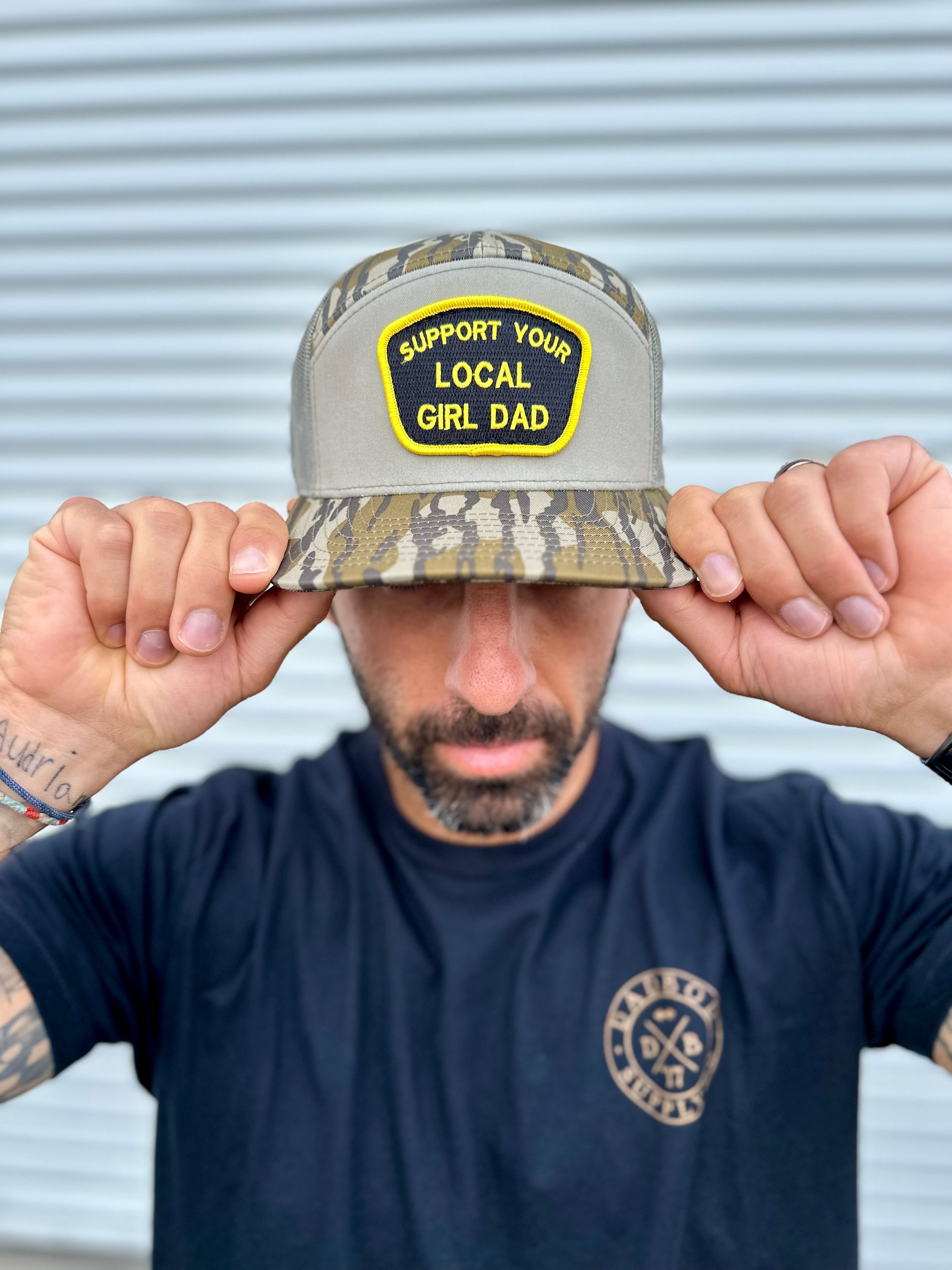 Support Your Local Girl Dad 7 Panel Camo Edition Trucker