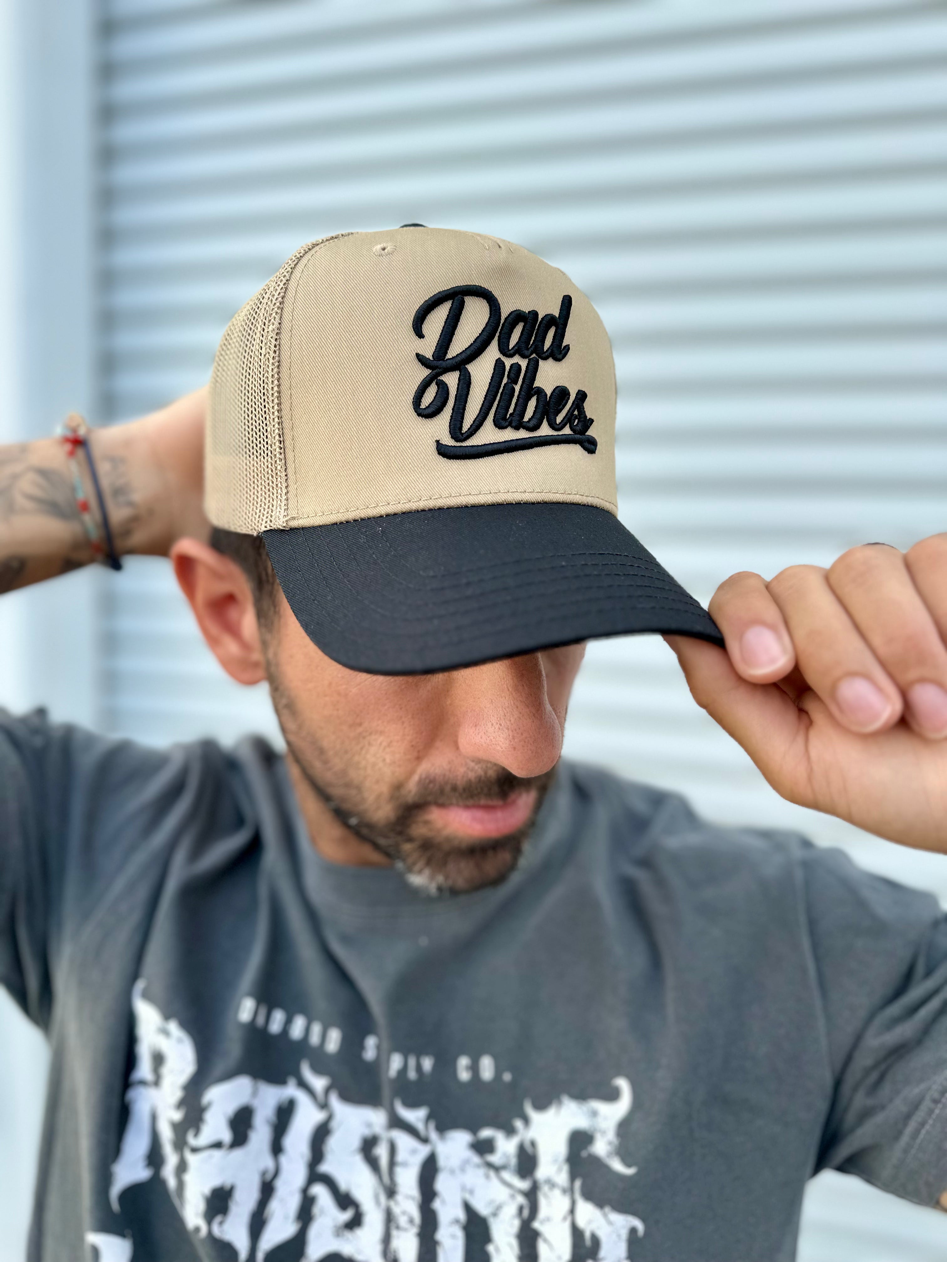 DadVibes Script 5 Panel Trucker Hat (Khaki/Black)