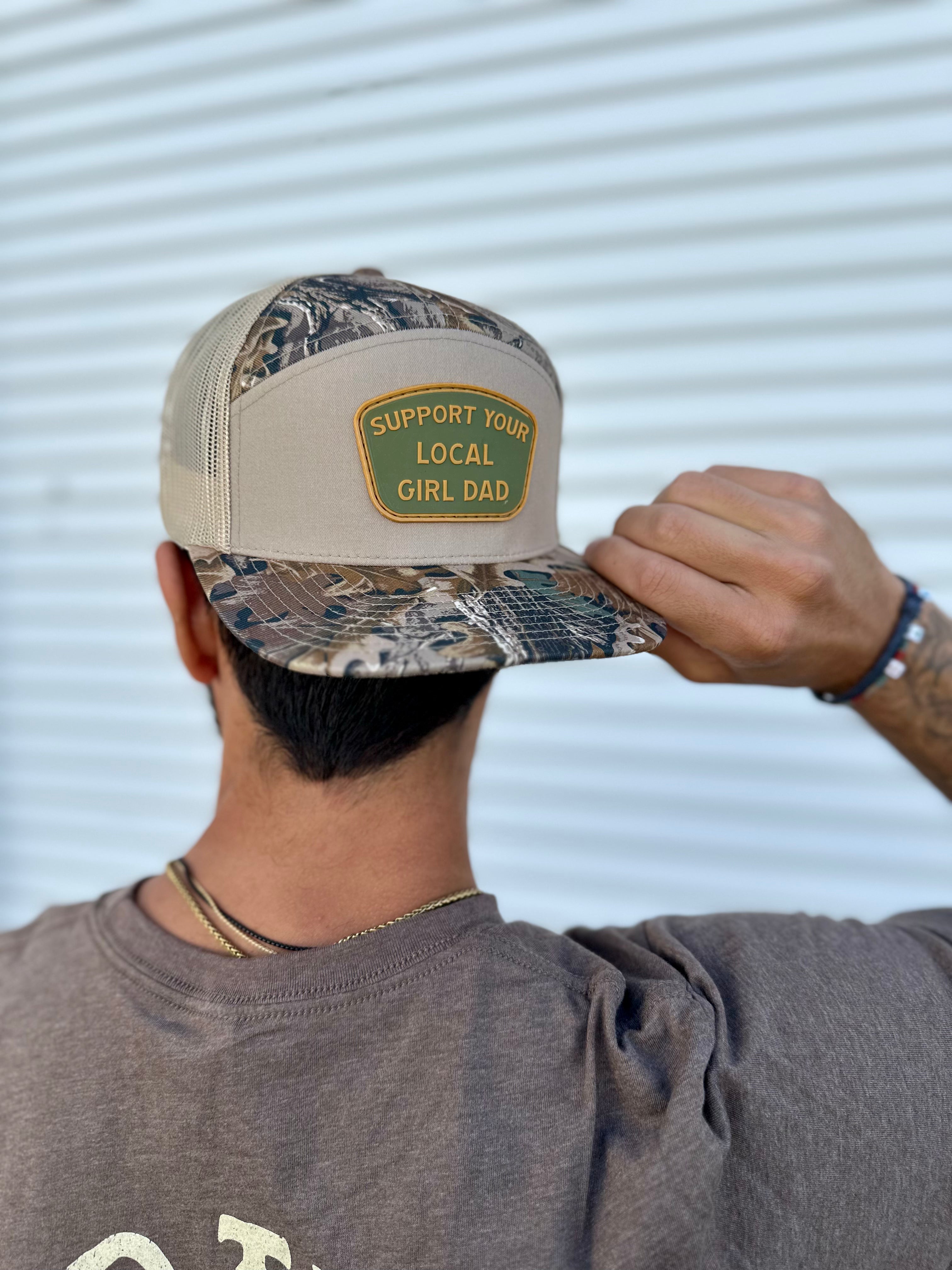 Support Your Local Girl Dad 7 Panel Camo Edition Trucker