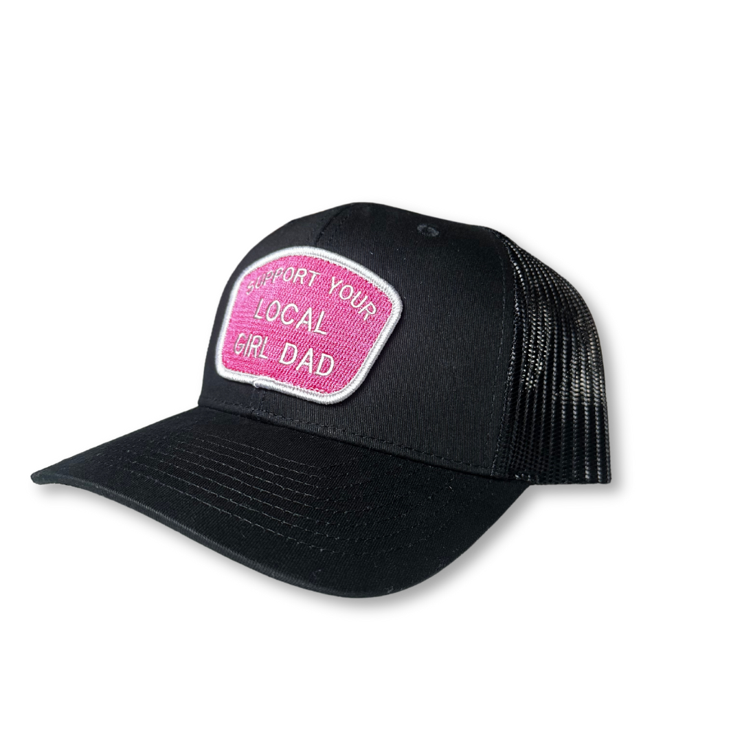 Support Your Local Girl Dad CURVED Bill Patch Hat (Solid Black/Pink Patch)