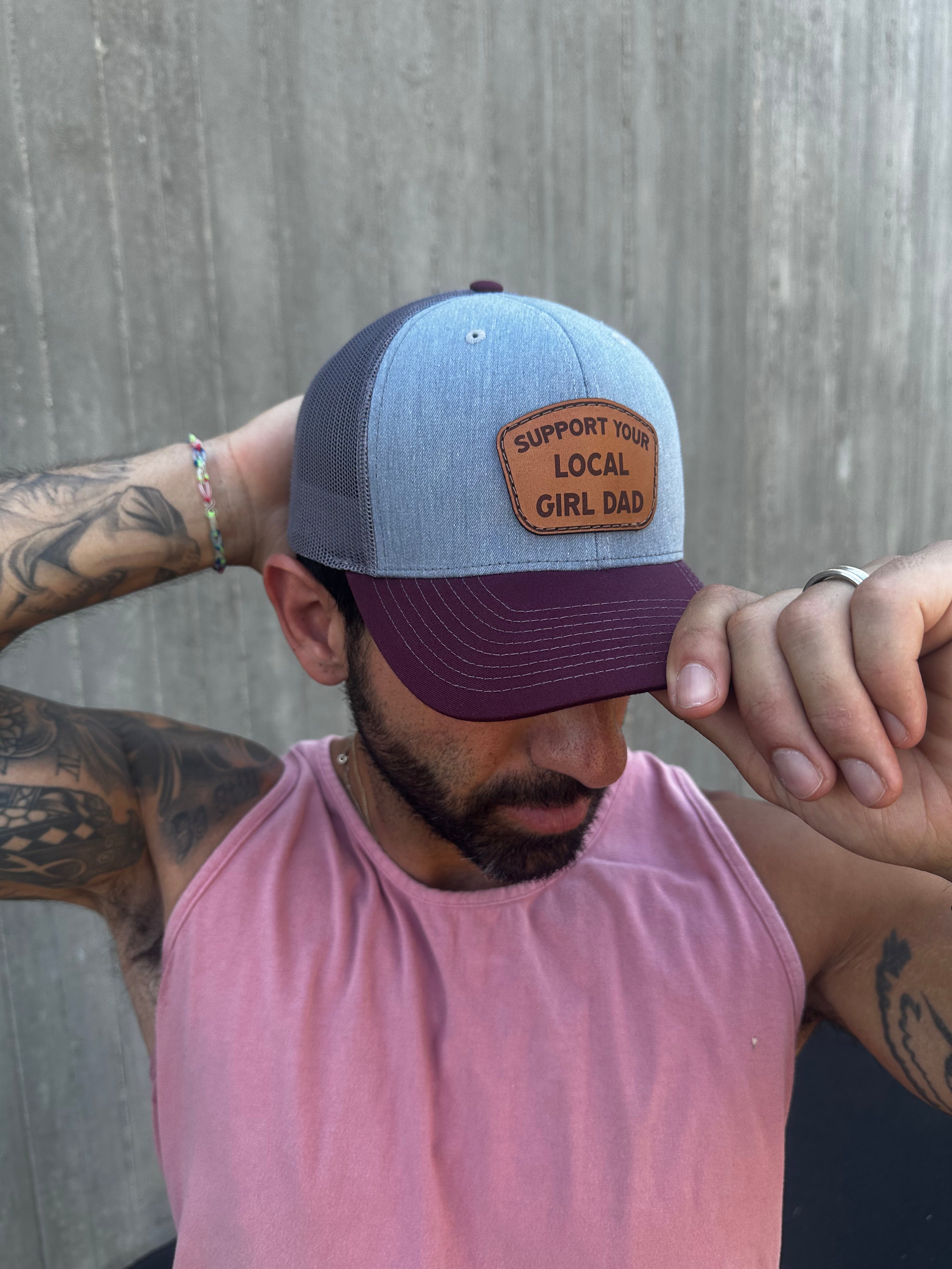 Support Your Local Girl Dad Leather Patch Hat (Tri Color/Maroon Bill)