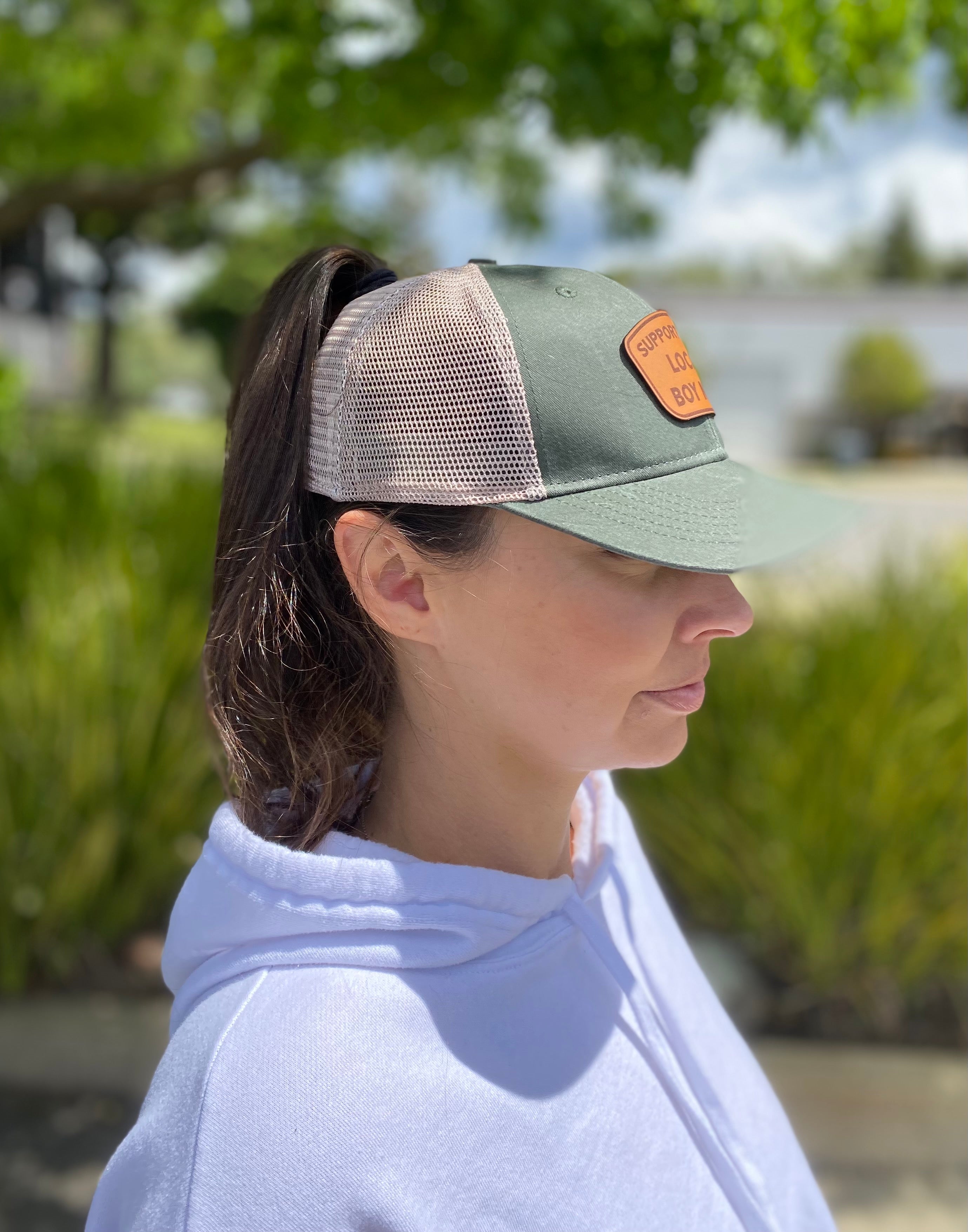 Support Your Local Boy Mom Ponytail Hat (Military Green/Khaki)