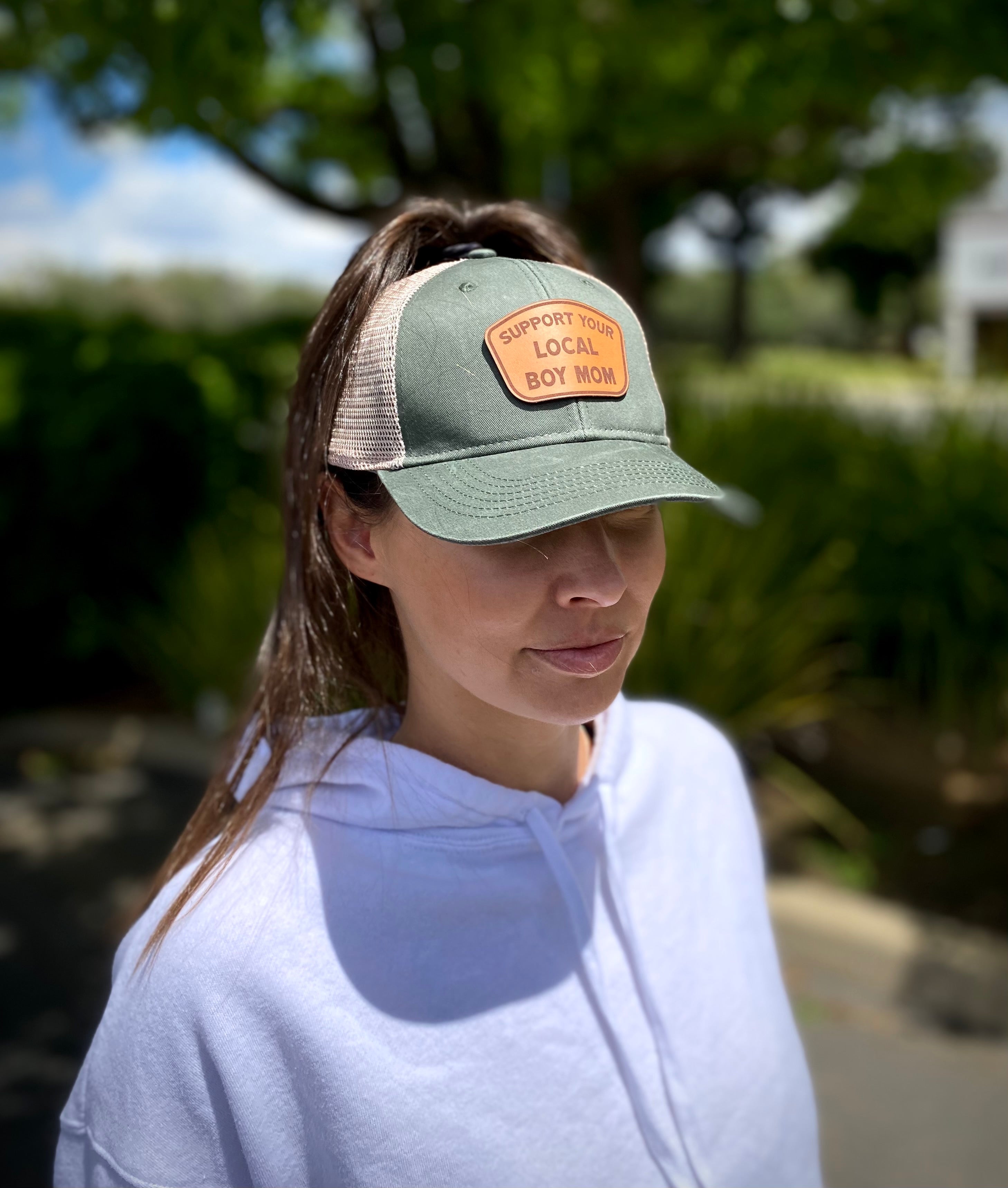Support Your Local Boy Mom Ponytail Hat (Military Green/Khaki)